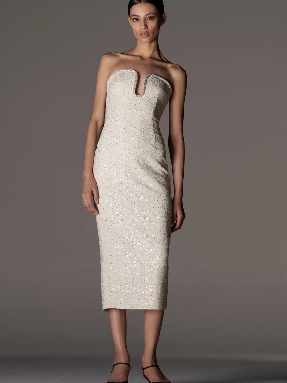 Self-Portrait Ivory Strapless Sequin Midi Dress